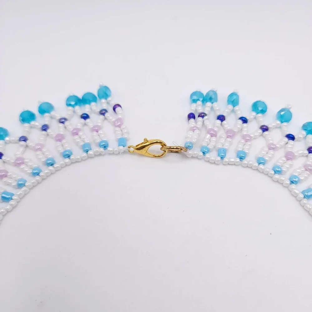 Aqua Blue Seed Bead Fringe Necklace Handmade Glass Collar Statement
